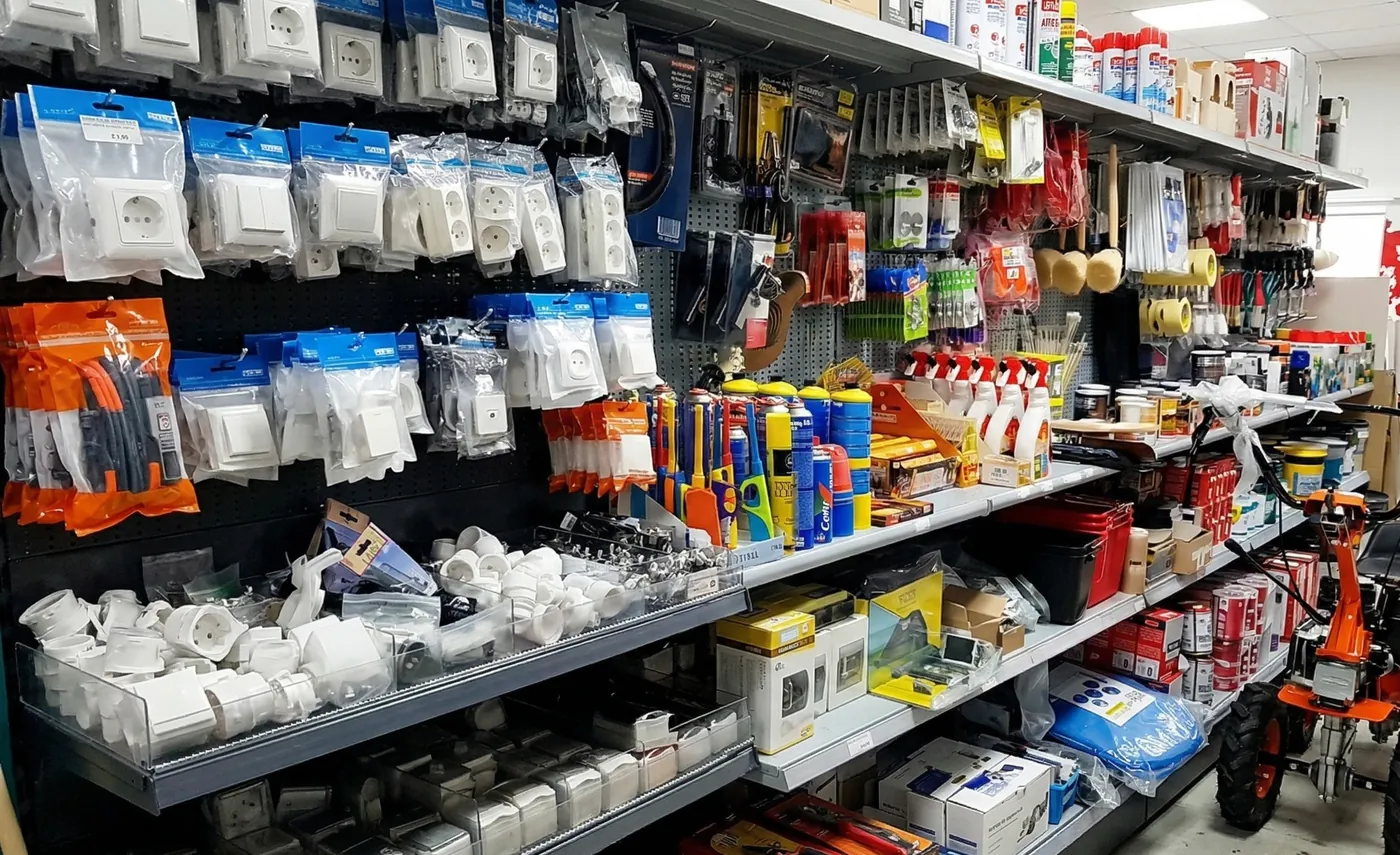 Sección de electricidad con enchufes, interruptores, mecanismos eléctricos, cableado rojo, adhesivos y brochas