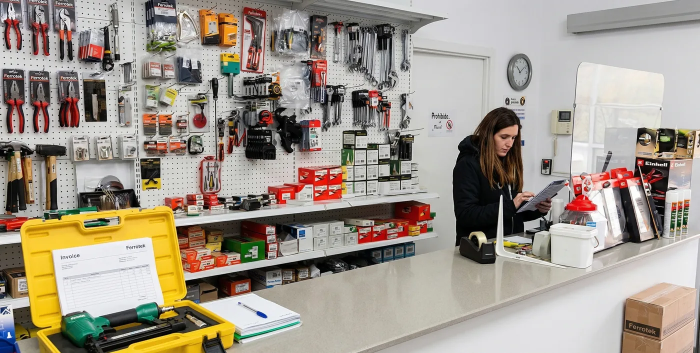 Dependienta atendiendo en el mostrador de Ferretería Oimbra rodeada de herramientas Ferrotek, Einhell y productos de ferretería
