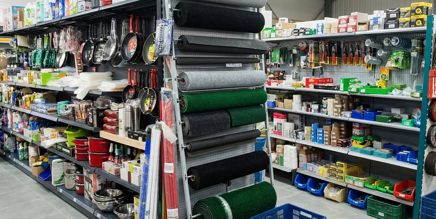 Pasillos de Ferretería Oimbra con estanterías de menaje, sartenes, alfombras, cintas y productos de hogar